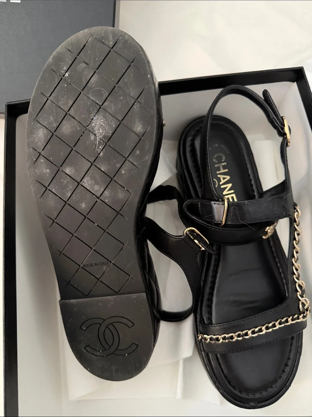 CHANEL Black Leather Sandals with Gold Chain Trim